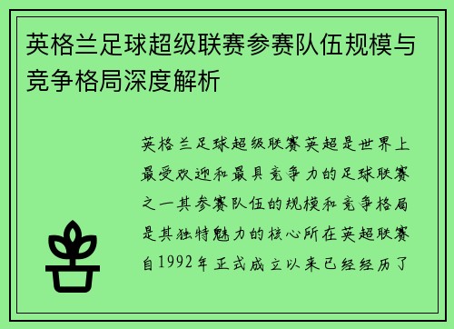 英格兰足球超级联赛参赛队伍规模与竞争格局深度解析