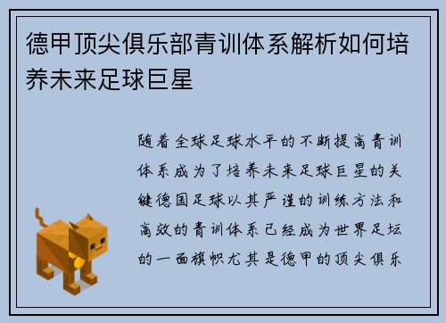德甲顶尖俱乐部青训体系解析如何培养未来足球巨星
