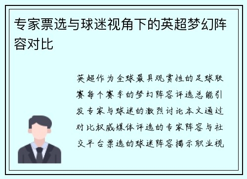 专家票选与球迷视角下的英超梦幻阵容对比