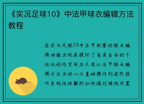 《实况足球10》中法甲球衣编辑方法教程
